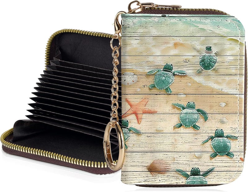 Luoycxy Credit Card Holder for Women,Small Rfid Wallet with Keychain Zipper,Cute PU Leather Card Case Wallet，Accordion Credit Card Wallets Gift,Turtle - Image 1